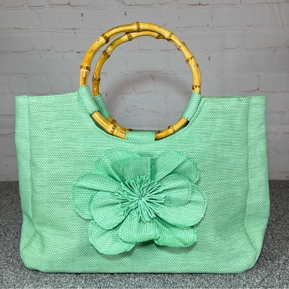 Neiman Marcus Mint Green Straw Bamboo Floral Handbag